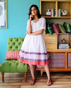Pink and White Floral Hand Block Printed Fit & Flare Dress - Mogra Designs