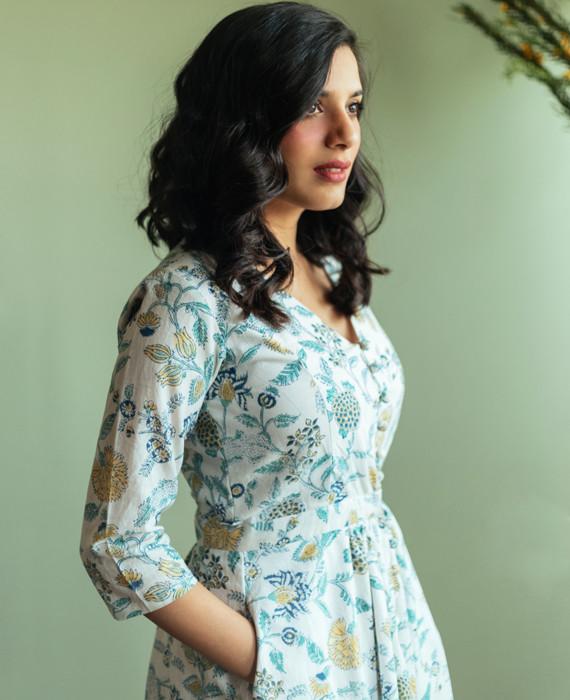 Pastel Floral Hand Block Printed Fit & Flare Dress - Mogra Designs Pastel Floral Hand Block Printed Fit & Flare Dress - Mogra Designs