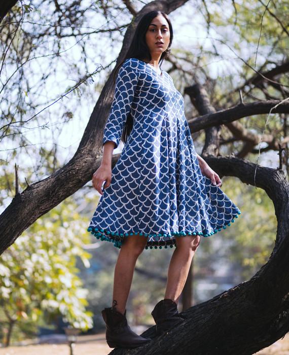Block Printed Fit and Flare Dress with Handmade Pompoms - Mogra Designs