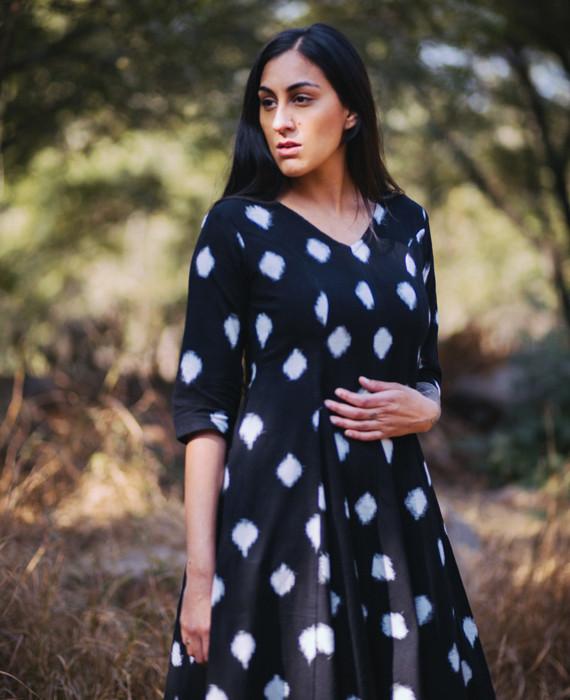Handwoven Ikat Fit and Flare Midi Dress in Black - Mogra Designs