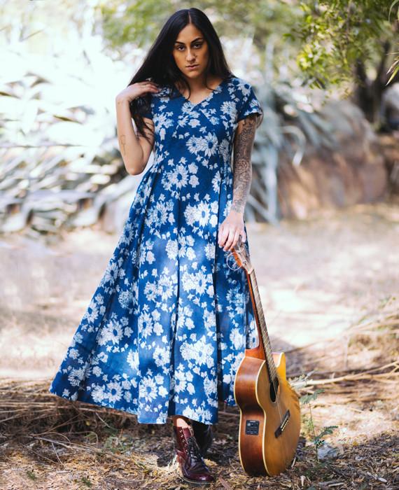 Hand Block Printed Floral Midi Dress in Indigo - Mogra Designs Hand Block Printed Floral Midi Dress in Indigo - Mogra Designs