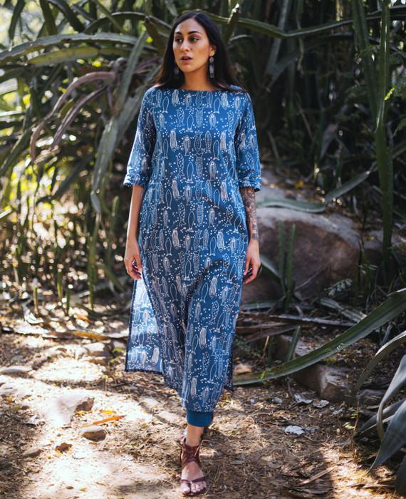 Fish Block Printed Dress Over Pants Set in Blue - Mogra Designs Fish Block Printed Dress Over Pants Set in Blue - Mogra Designs