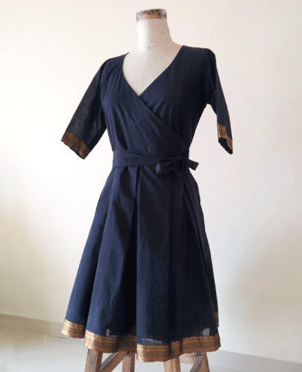 Mangalagiri Cotton Pleated Wrap Dress with Bronze / Gold Border - Mogra Designs Mangalagiri Cotton Pleated Wrap Dress with Bronze / Gold Border - Mogra Designs