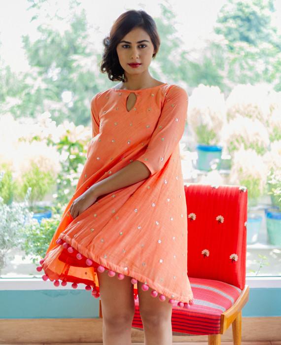 Silk Sequin Embroidered Swing Dress with Handmade Pompoms - Mogra Designs Silk Sequin Embroidered Swing Dress with Handmade Pompoms - Mogra Designs