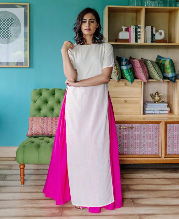 Pastel Yellow Hand Block Printed Maxi Dress and Pink Cotton Skirt - Mogra Designs