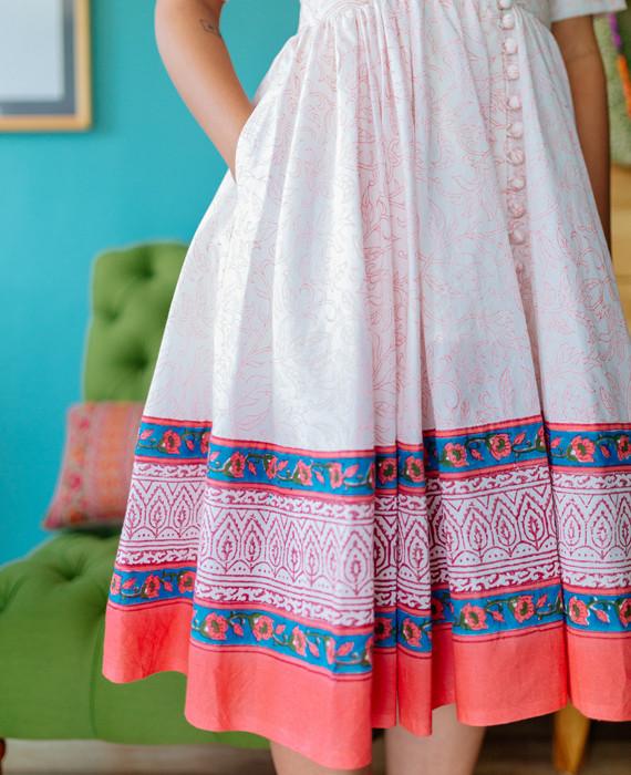 Pink and White Floral Hand Block Printed Fit & Flare Dress - Mogra Designs Pink and White Floral Hand Block Printed Fit & Flare Dress - Mogra Designs