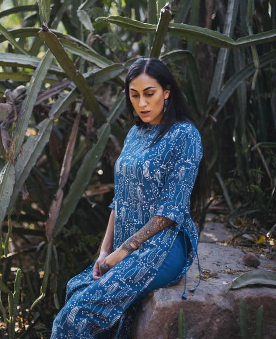 Fish Block Printed Dress Over Pants Set in Blue
