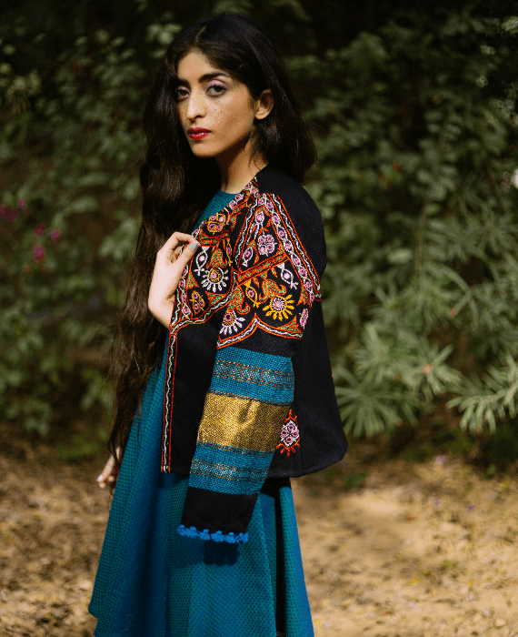 Handwoven & Hand Embroidered Mirror Work Tribal Cropped Jacket in Wool - Mogra Designs