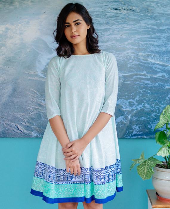 Pastel Mint Blue Hand Block Printed Swing Dress Pastel Mint Blue Hand Block Printed Swing Dress