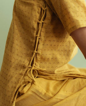 Mulmul Ajrakh Printed Dress Over Pants Set in Mustard - Mogra Designs
