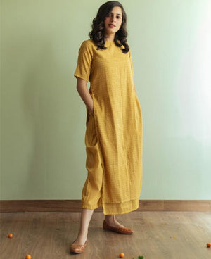 Mulmul Ajrakh Printed Dress Over Pants Set in Mustard - Mogra Designs