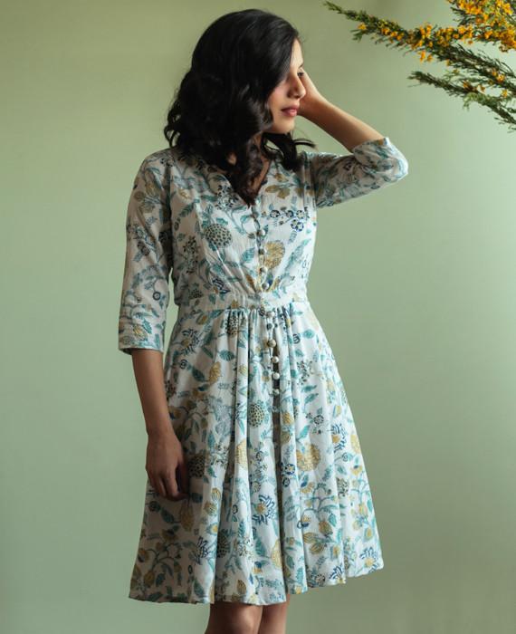 Pastel Floral Hand Block Printed Fit & Flare Dress - Mogra Designs Pastel Floral Hand Block Printed Fit & Flare Dress - Mogra Designs