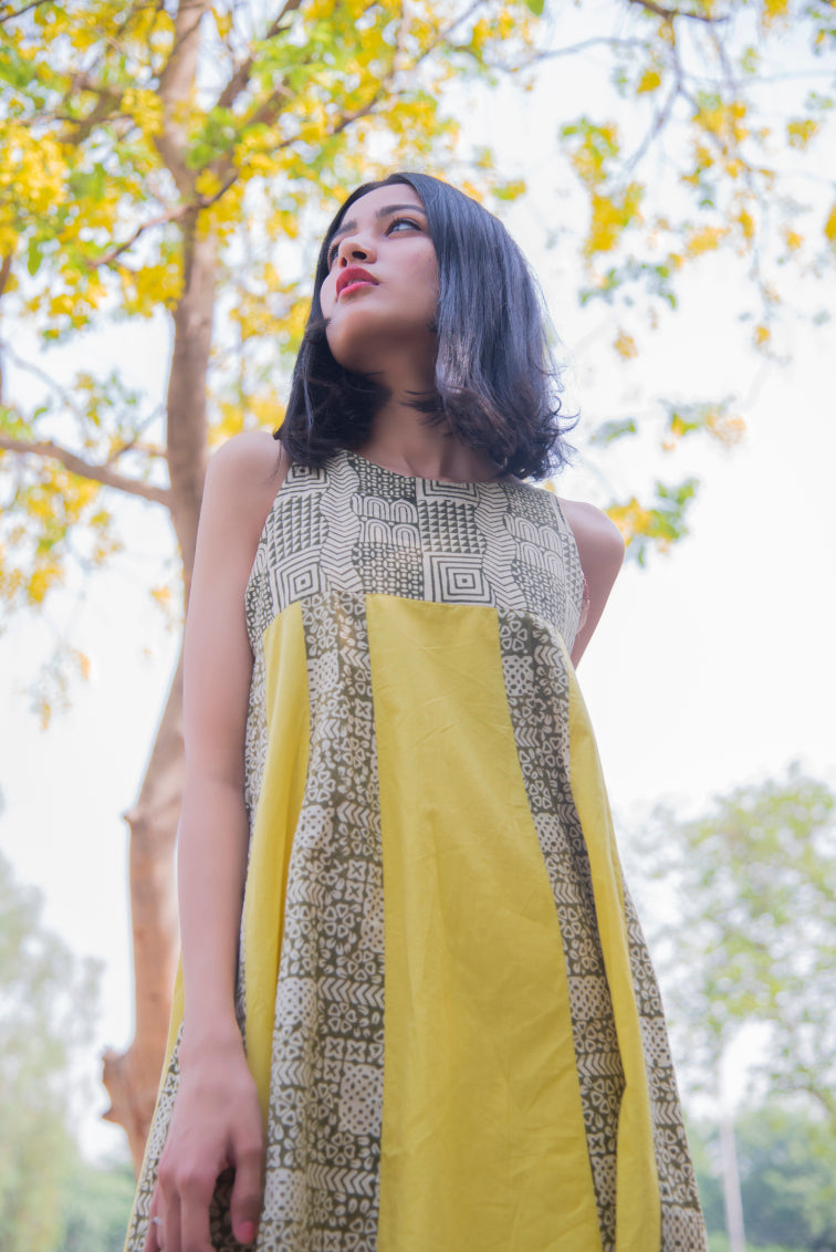 Bagru Print Organic Mustard Yellow Dress