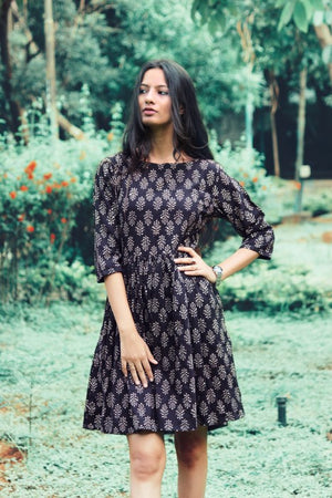 Hand Block Printed Cotton Fit & Flare Dress in Black