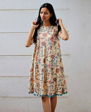 Cream Floral Hand Block Printed Swing Dress by Mogra Designs