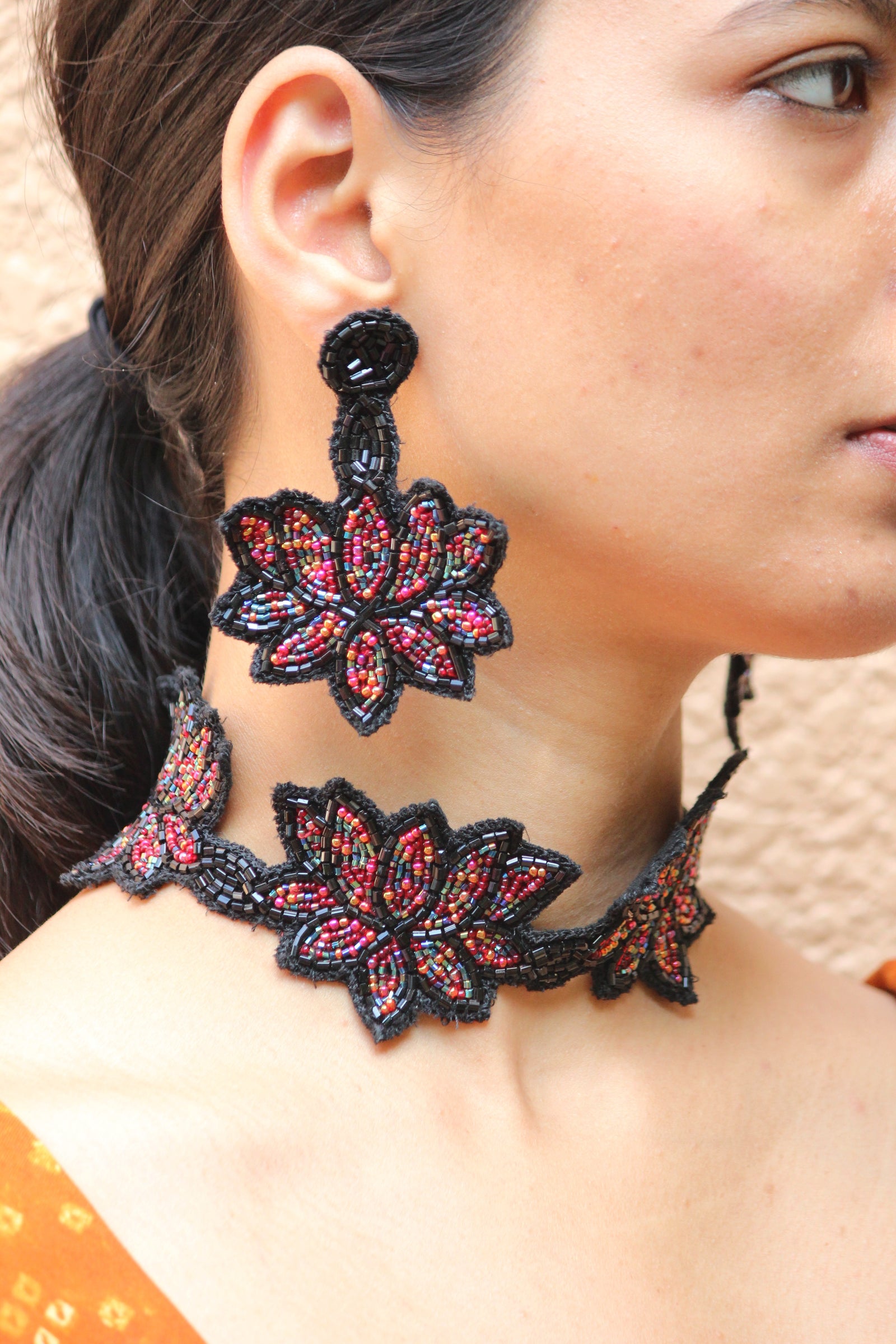 Black Lotus Hand Embroidered Earrings And Choker Set By Qurcha