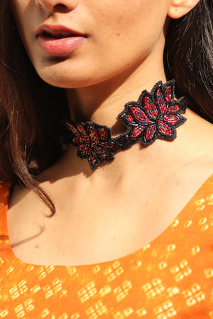 Black Lotus Hand Embroidered Earrings And Choker Set By Qurcha