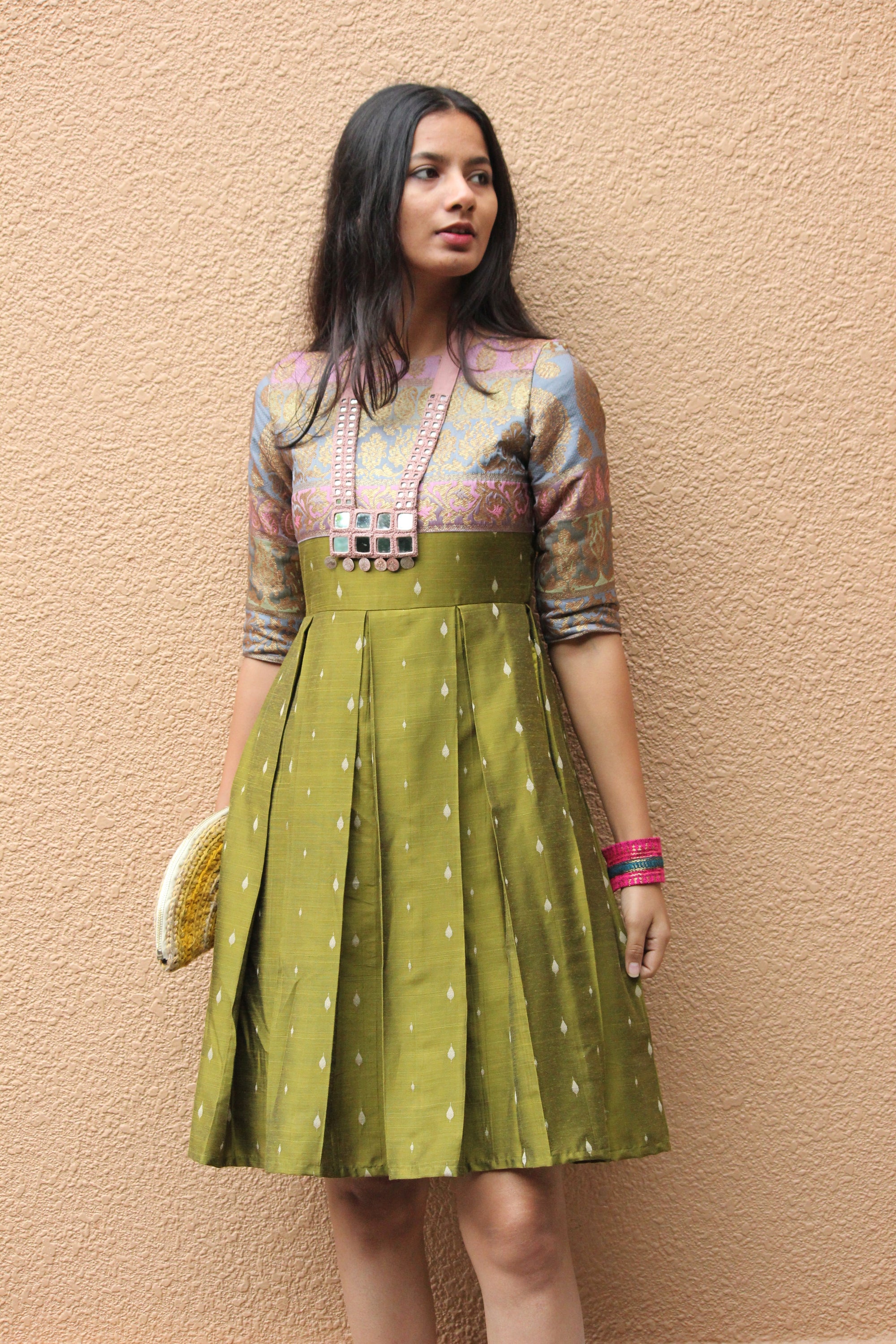 Firozi Chanderi Silk Pleated Dress - Mogra Designs