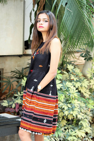 Handwoven and Hand Embroidered Fit & Flare Wool Dress in Black - Mogra Designs