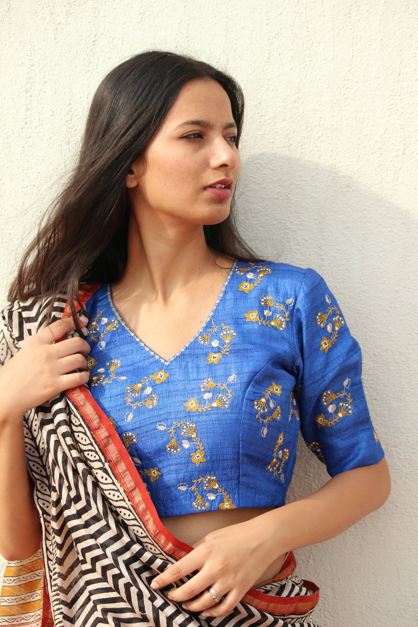 Blue Raw Silk Embroidered Blouse