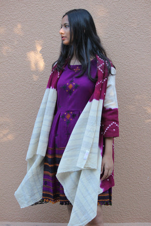 Magenta White Handwoven and Embroidered Bandhani Tribal Shawl Jacket in Wool