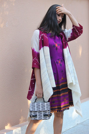 Magenta White Handwoven and Embroidered Bandhani Tribal Shawl Jacket in Wool