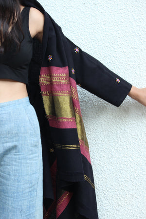 Black And Pastel Pink Handwoven and Embroidered Woolen Open Shawl Jacket