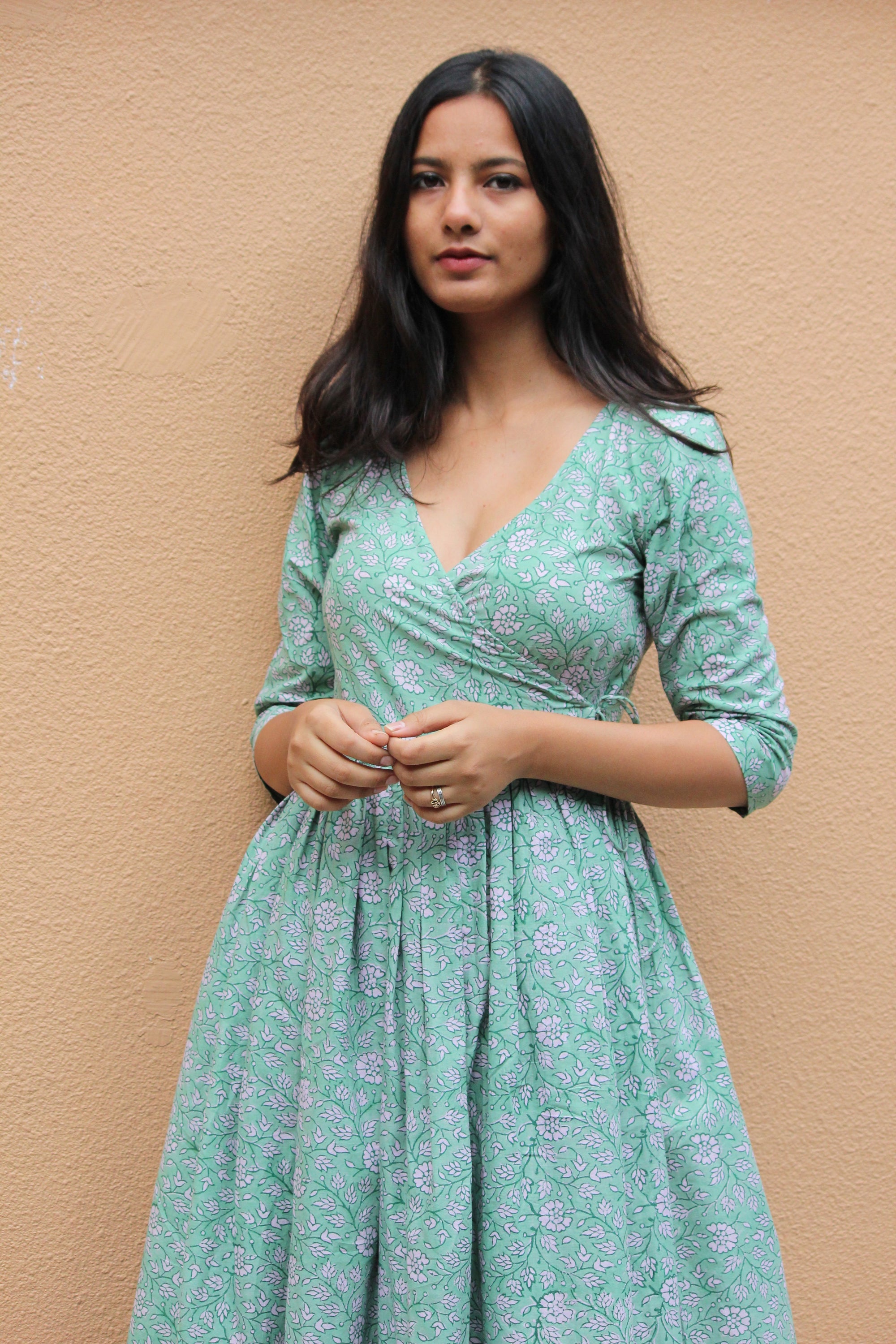 Teal Green Floral Wrap Dress - Mogra Designs Teal Green Floral Wrap Dress - Mogra Designs