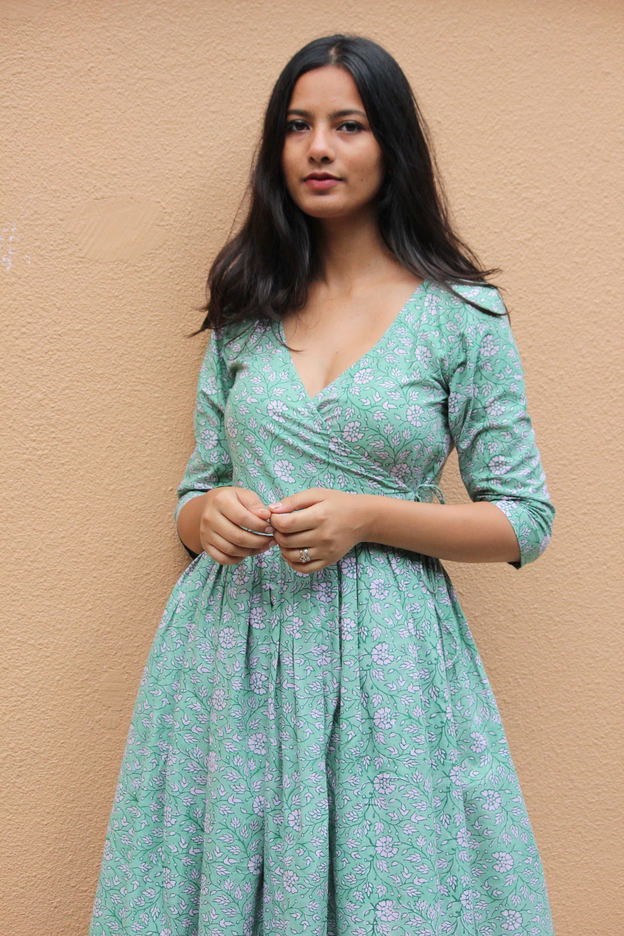 Teal Green Floral Wrap Dress - Mogra Designs Teal Green Floral Wrap Dress - Mogra Designs