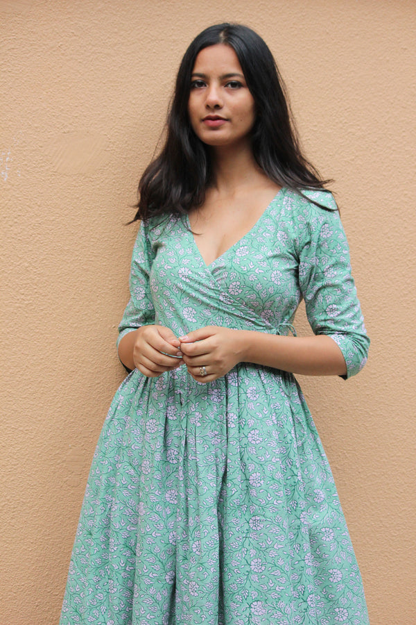 Teal Green Floral Wrap Dress Mogra Designs