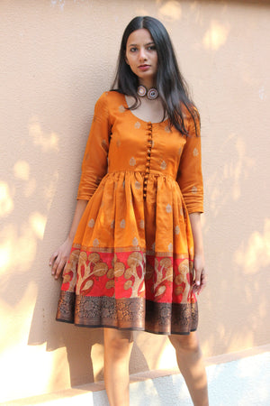 Marigold Brocade Gond Saree Dress