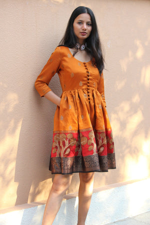 Marigold Brocade Gond Saree Dress