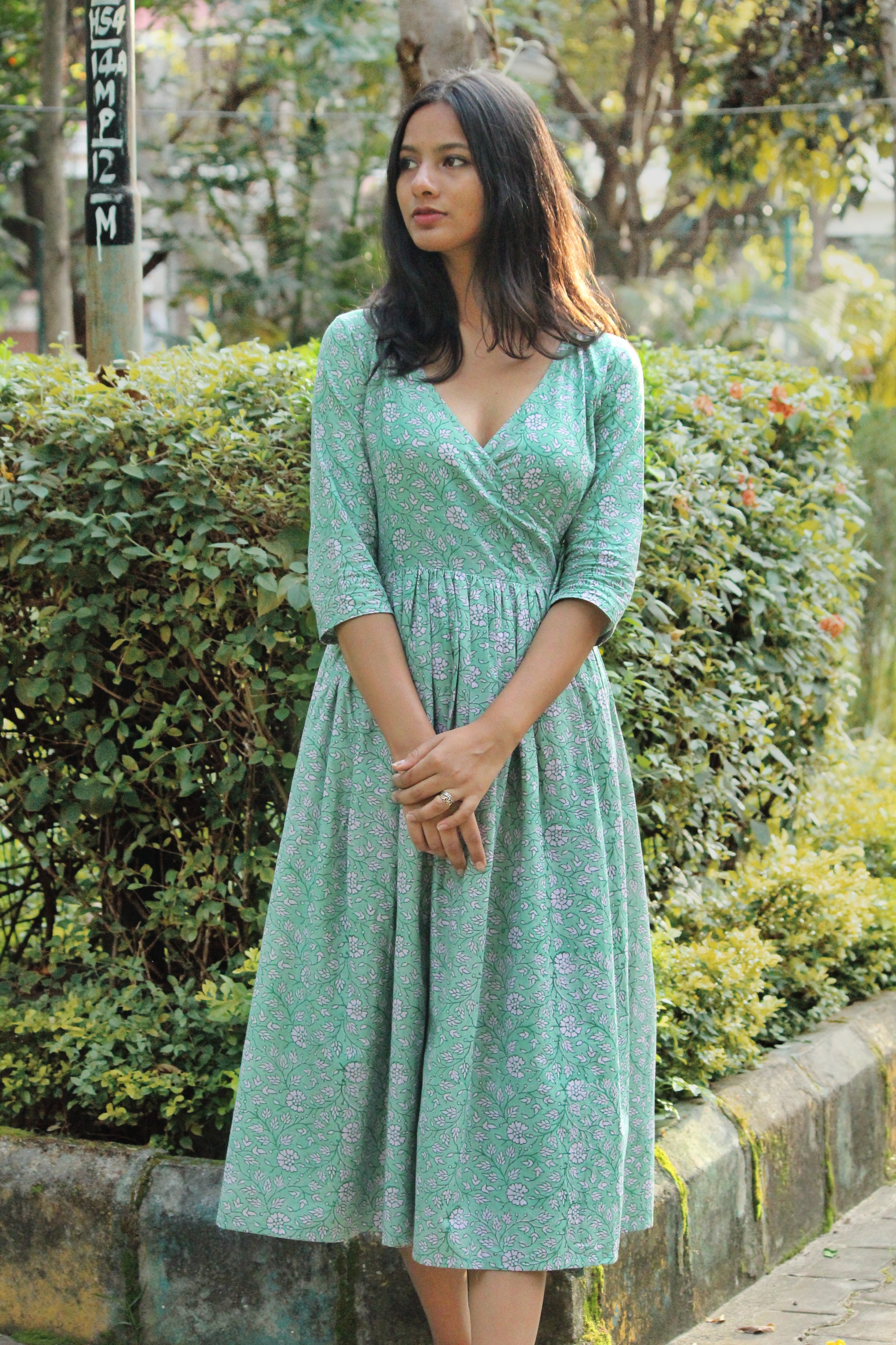 Teal Green Floral Wrap Dress - Mogra Designs Teal Green Floral Wrap Dress - Mogra Designs