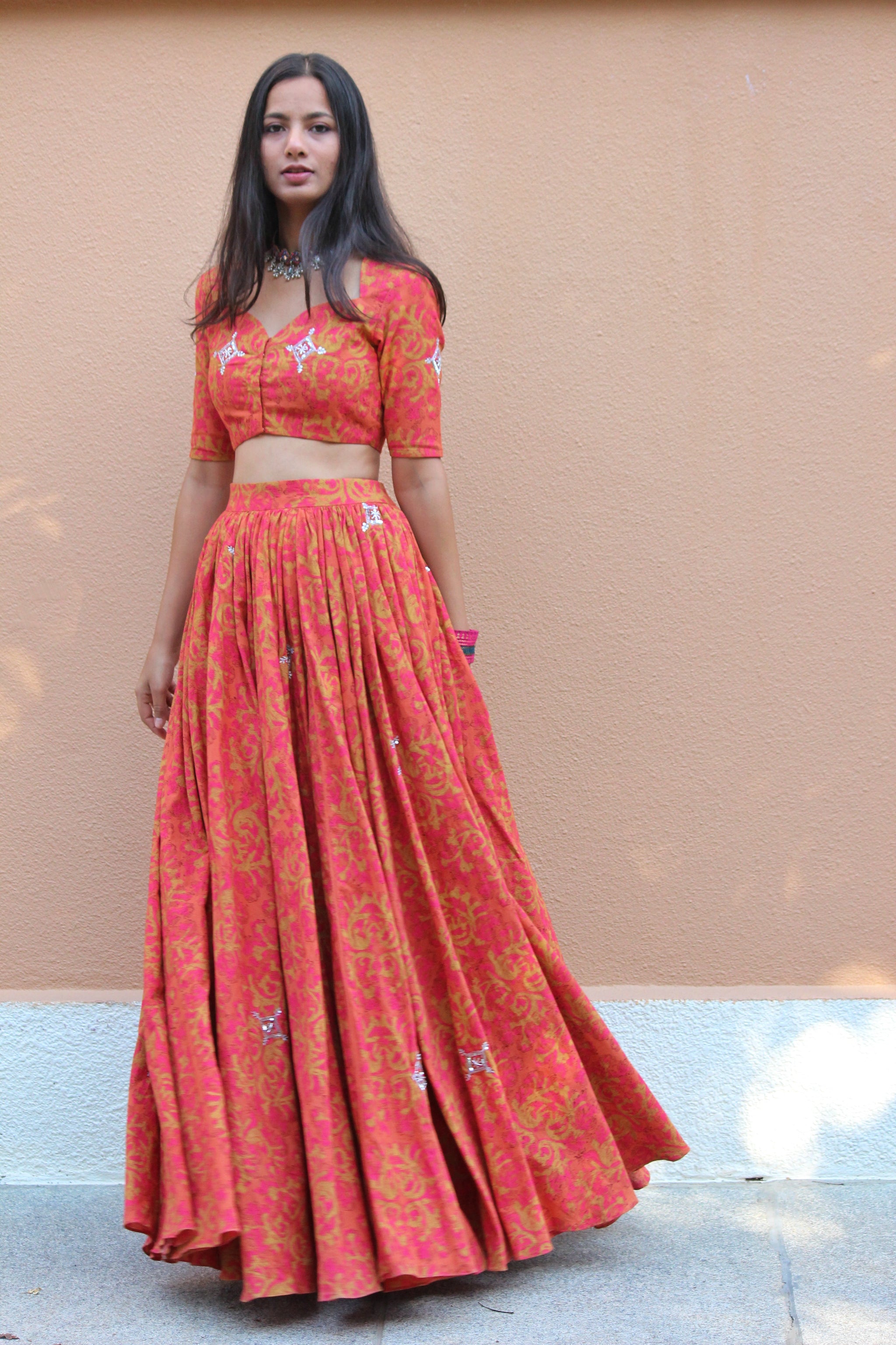 Gerua Color Gerua Hand Block Printed Embroidered Cotton Lehenga Set - Mogra Designs