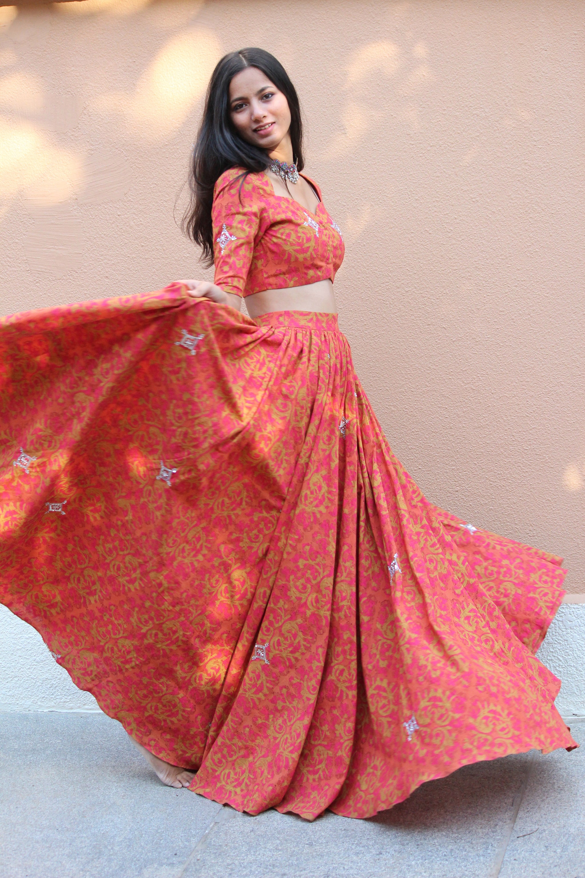 Gerua Color Gerua Hand Block Printed Embroidered Cotton Lehenga Set - Mogra Designs