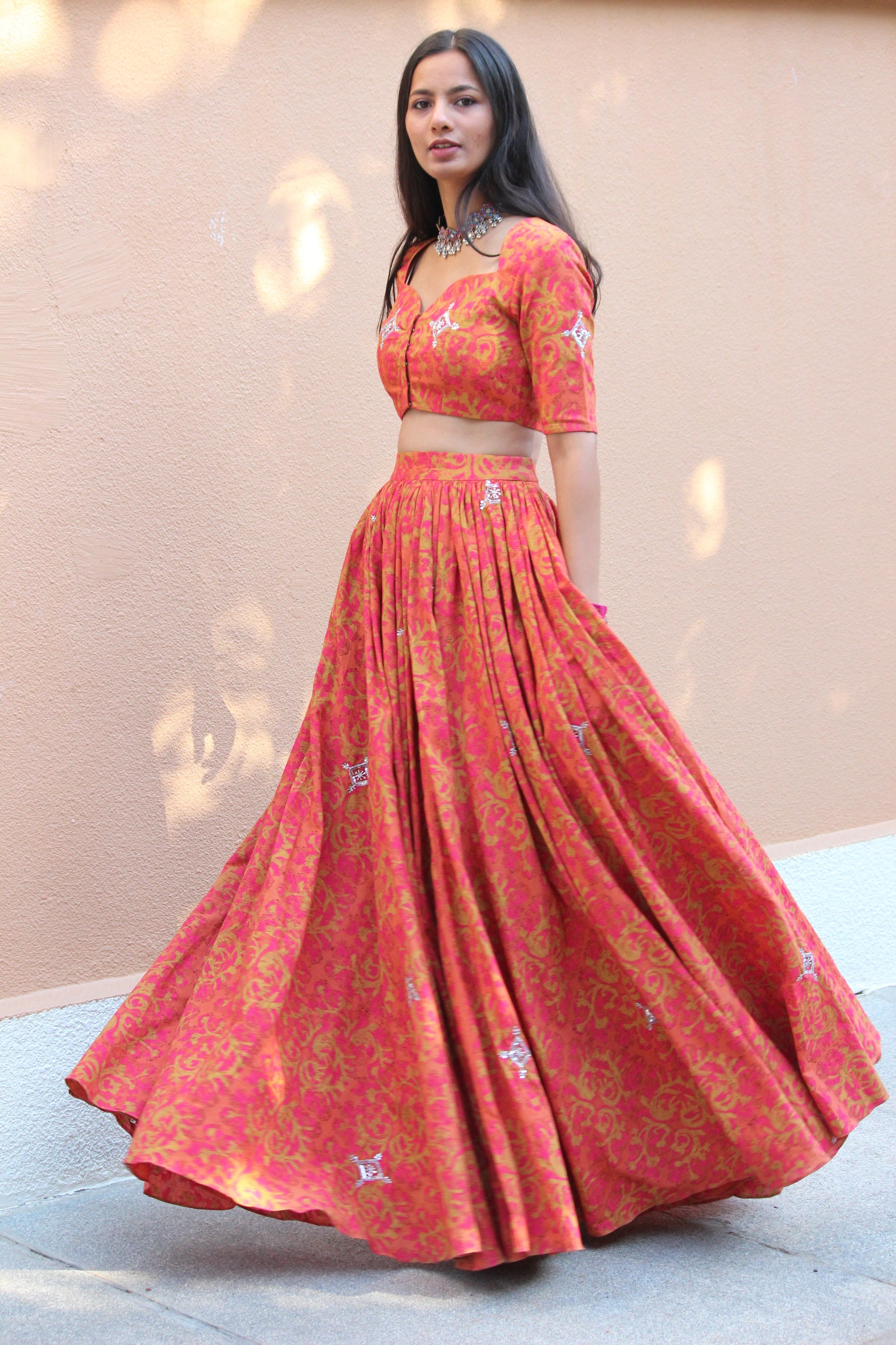 Gerua Color Gerua Hand Block Printed Embroidered Cotton Lehenga Set - Mogra Designs