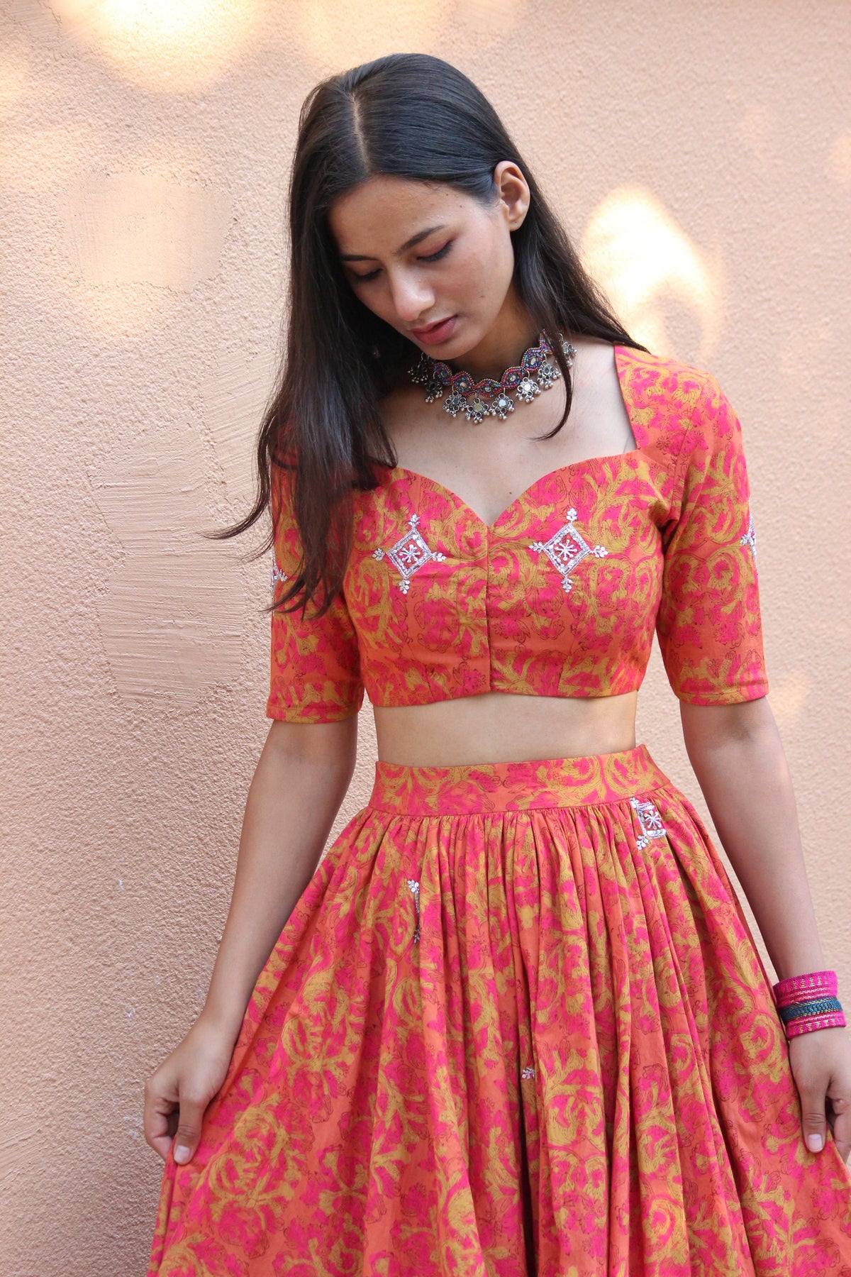 Gerua Color Gerua Hand Block Printed Embroidered Cotton Lehenga Set - Mogra Designs