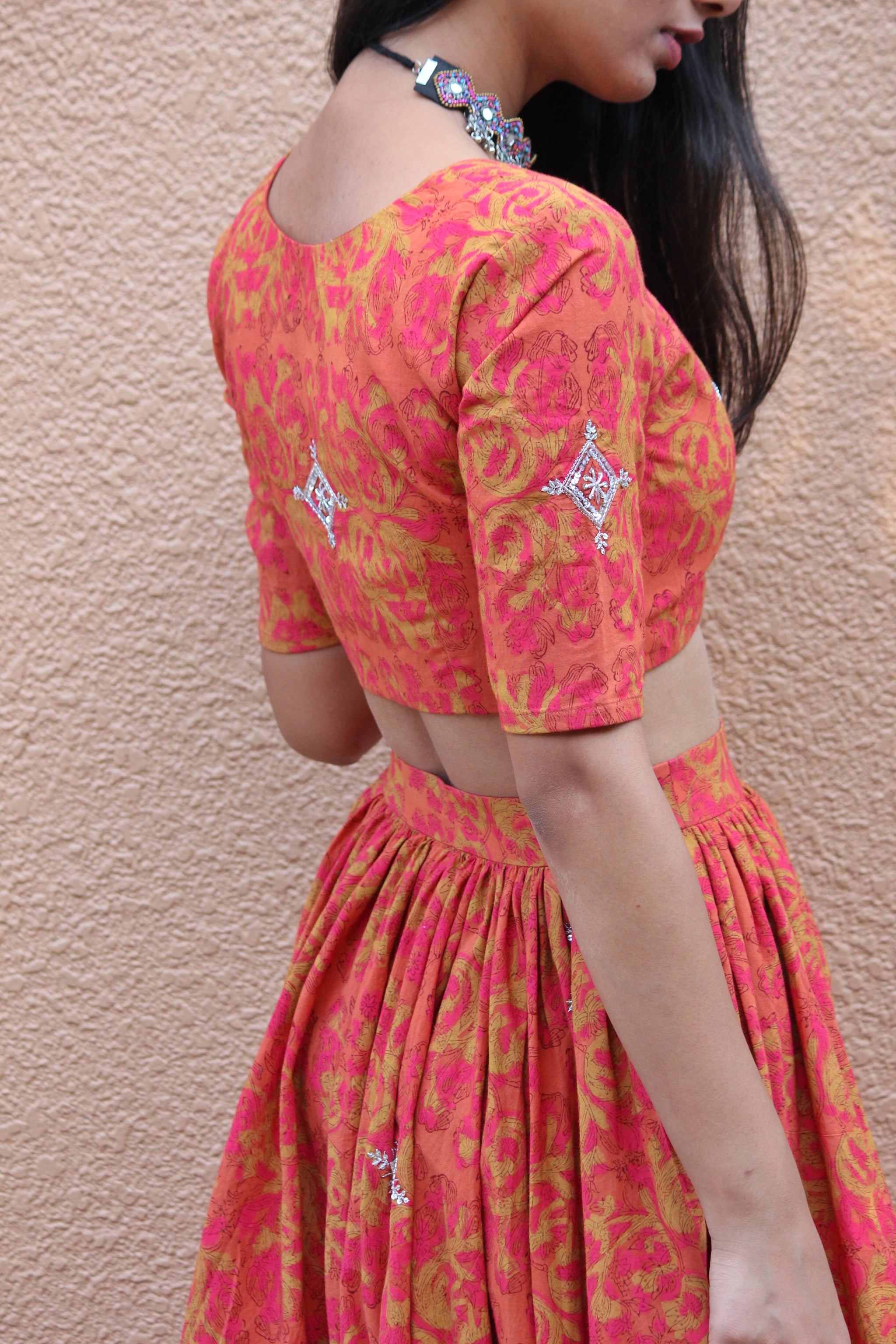 Gerua Color Gerua Hand Block Printed Embroidered Cotton Lehenga Set - Mogra Designs