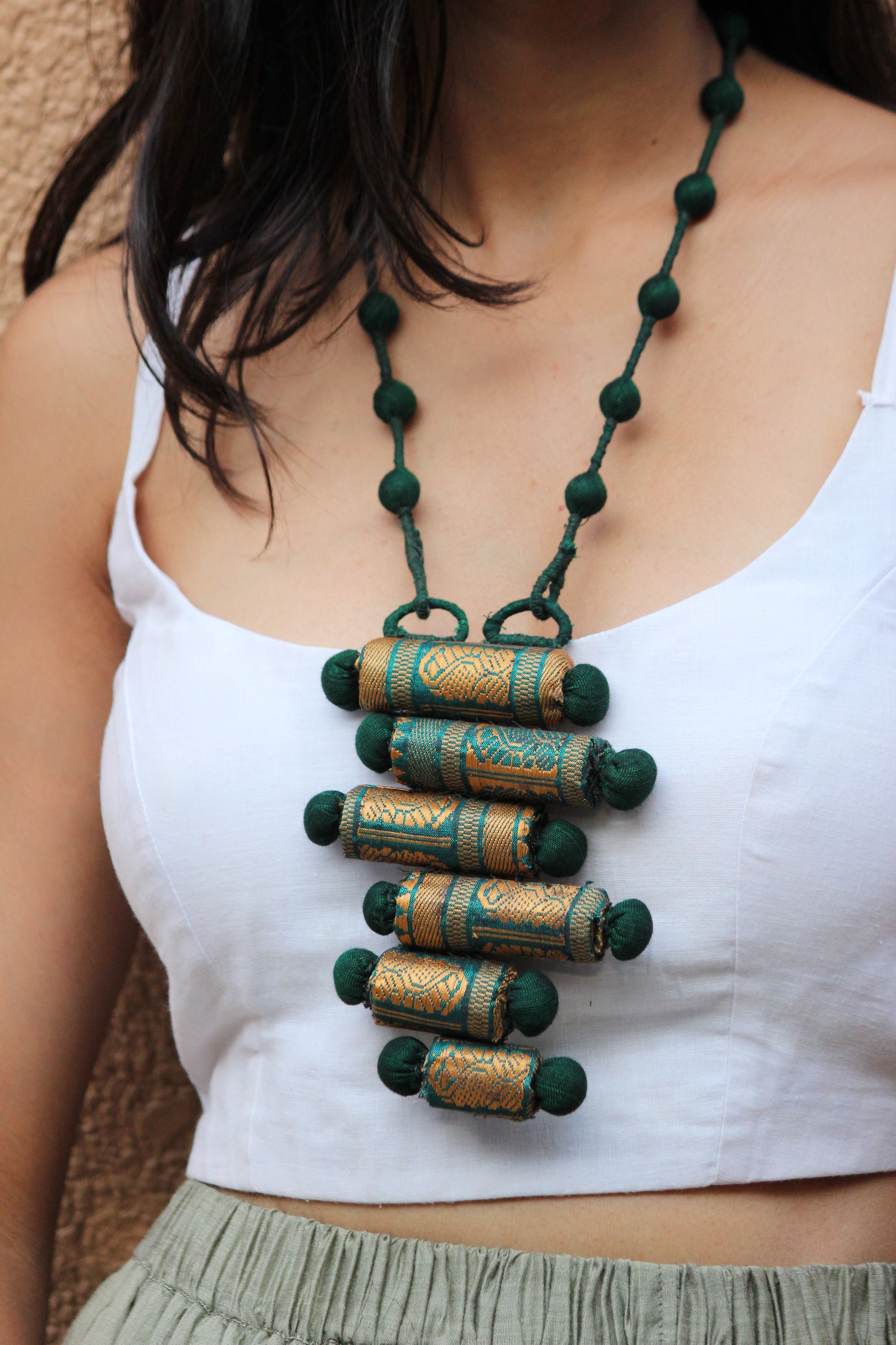 Bottle Green Saree Border Necklace By Qurcha