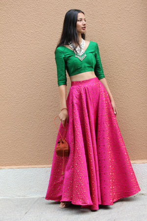 Green And Pink Brocade Lehenga