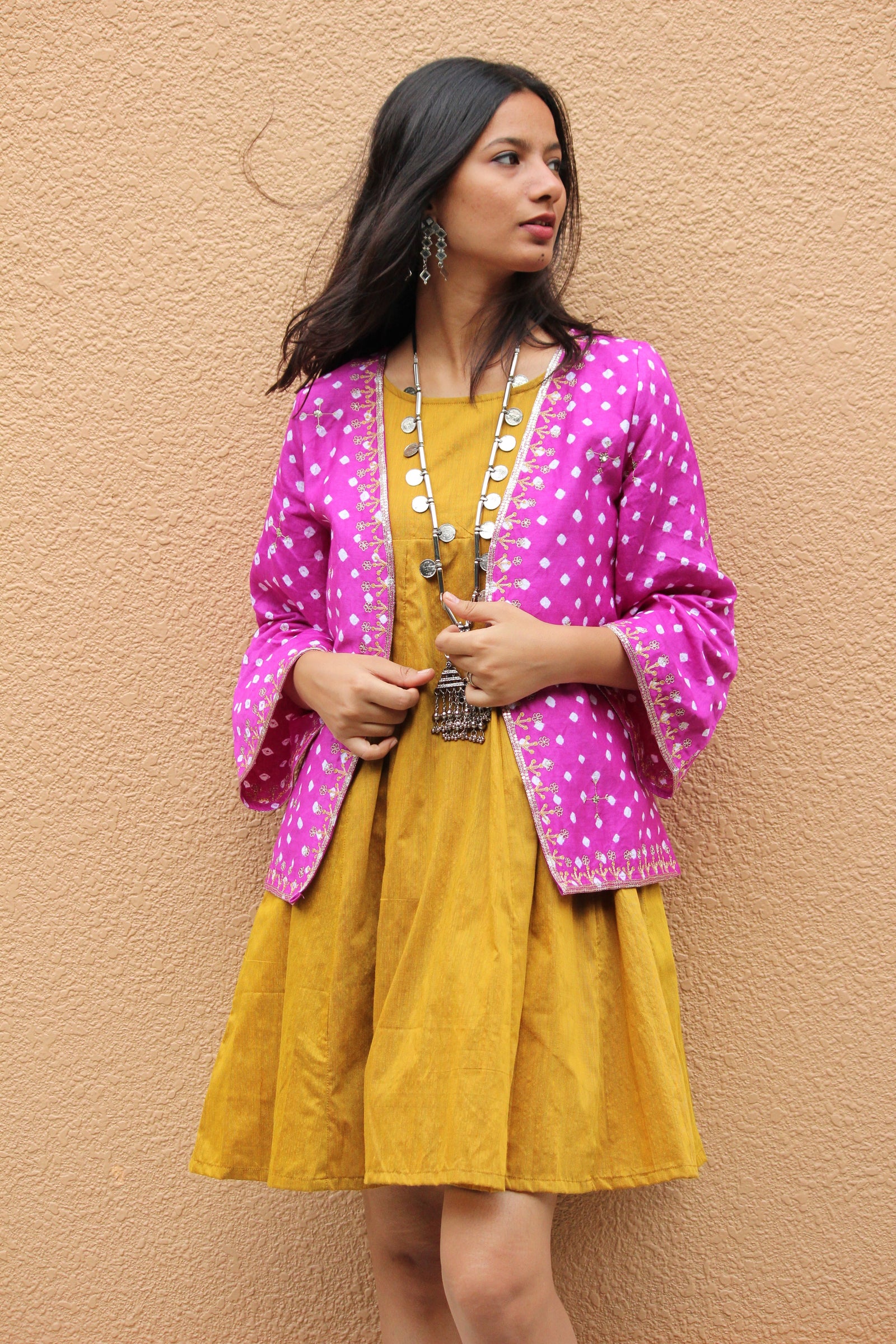 Magenta Bandhani Embroidered Kimono Jacket