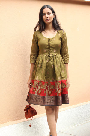 Olive Brocade Gond Saree Dress