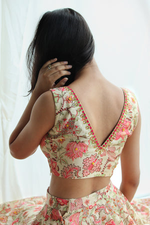 Chanderi Cream And Pink Floral Lehenga