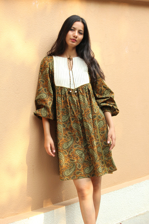 Lizzy Long Sleeve Dress in Olive Paisley