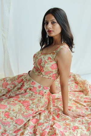 Chanderi Cream And Pink Floral Lehenga