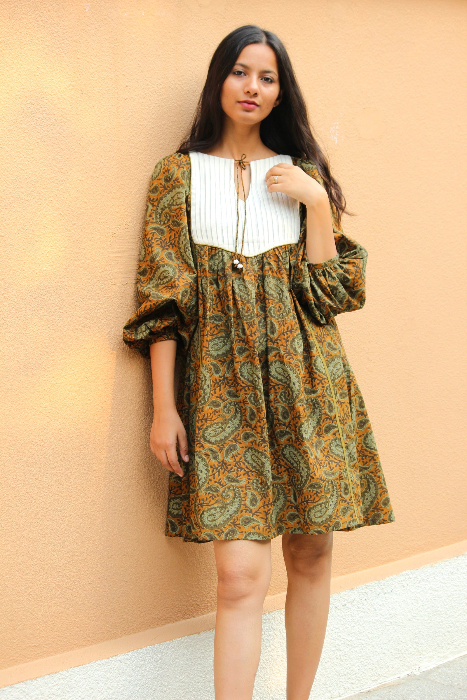 Olive Paisley Flared Dress