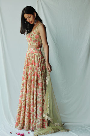 Chanderi Cream And Pink Floral Lehenga