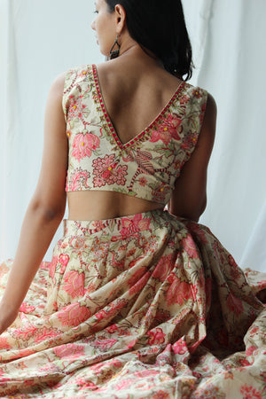 Chanderi Cream And Pink Floral Lehenga