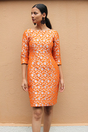 Orange Silk Brocade Pencil Dress
