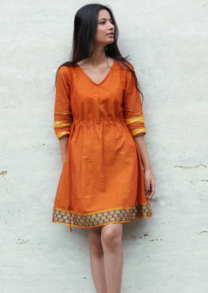 Mustard Drawstring Kaftan Saree Dress by Mogra Designs